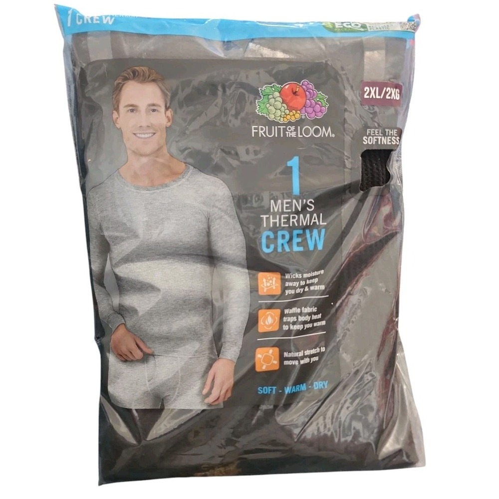 FRUIT OF THE LOOM Men's Thermal Crew Top Shirt Size 2XL‎ Black
